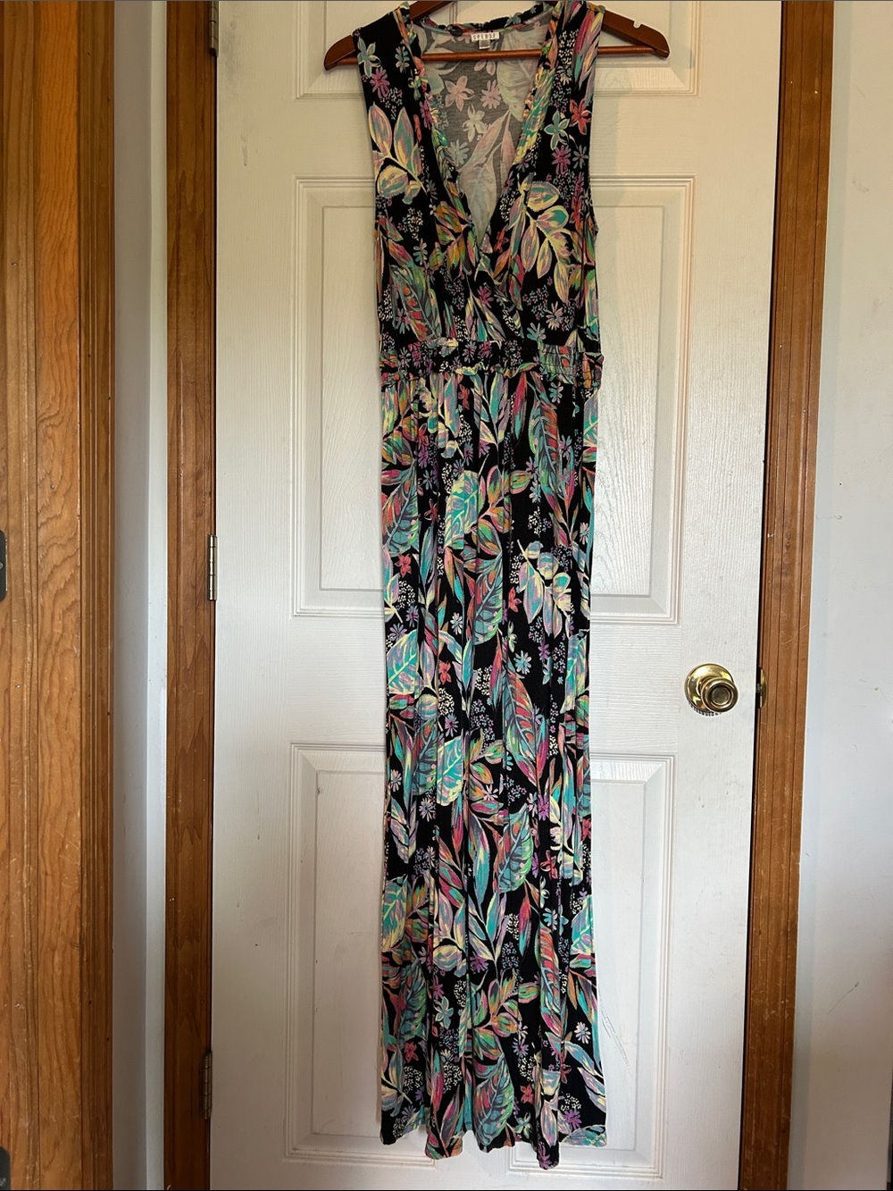 Spense Black Floral Tropical Cotton Dress with Multicolor Accents -very stretchy